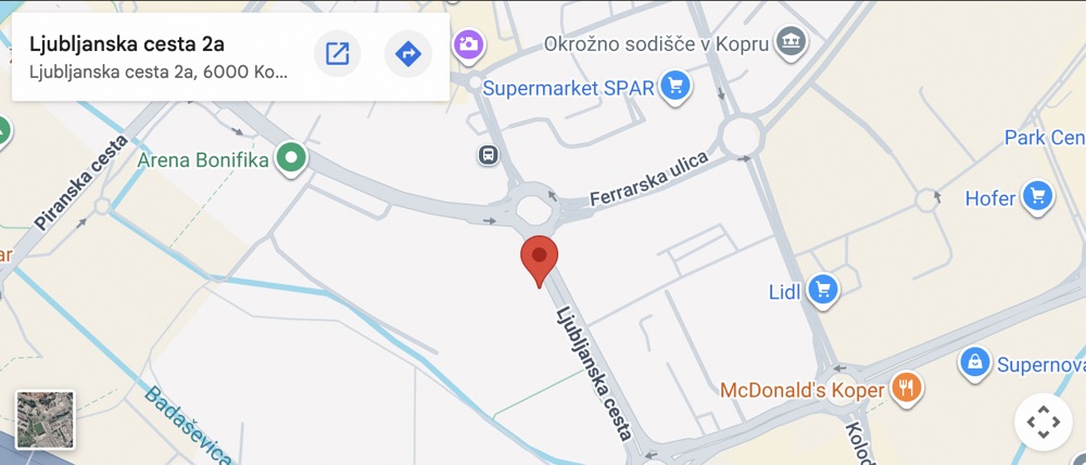 Zemljevid z lokacijo studia La Vie na Ljubljanski cesti 2a v Kopru, pri stadionu Bonifika